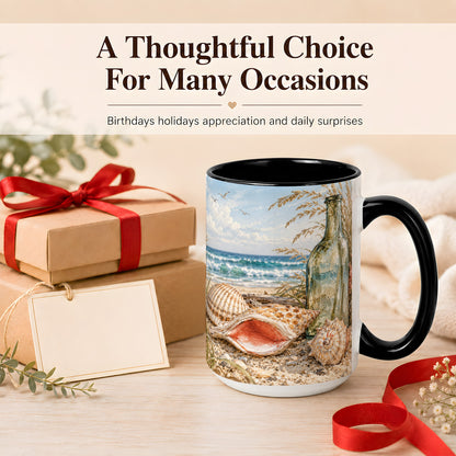 #pl[15oz|Black] Beach Seashell Coffee Mug, Coastal Bottle Mug, Ceramic Cup, Ocean Art
