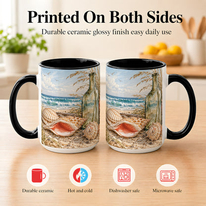 #pl[15oz|Black] Beach Seashell Coffee Mug, Coastal Bottle Mug, Ceramic Cup, Ocean Art