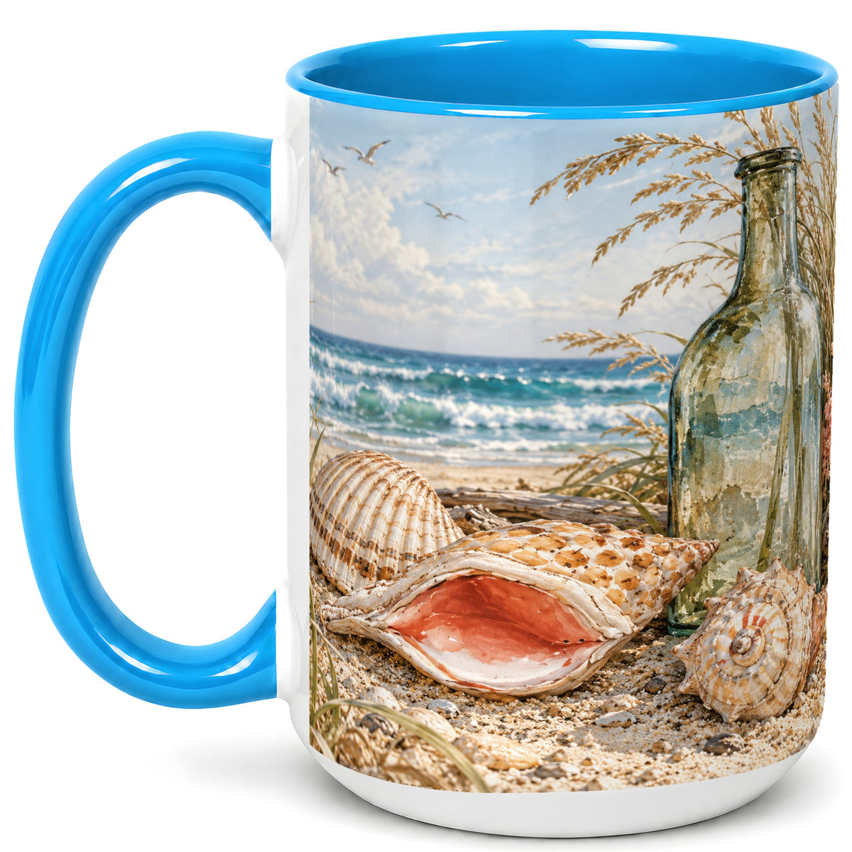 #pl[15oz|Blue] Beach Seashell Coffee Mug, Coastal Bottle Mug, Ceramic Cup, Ocean Art
