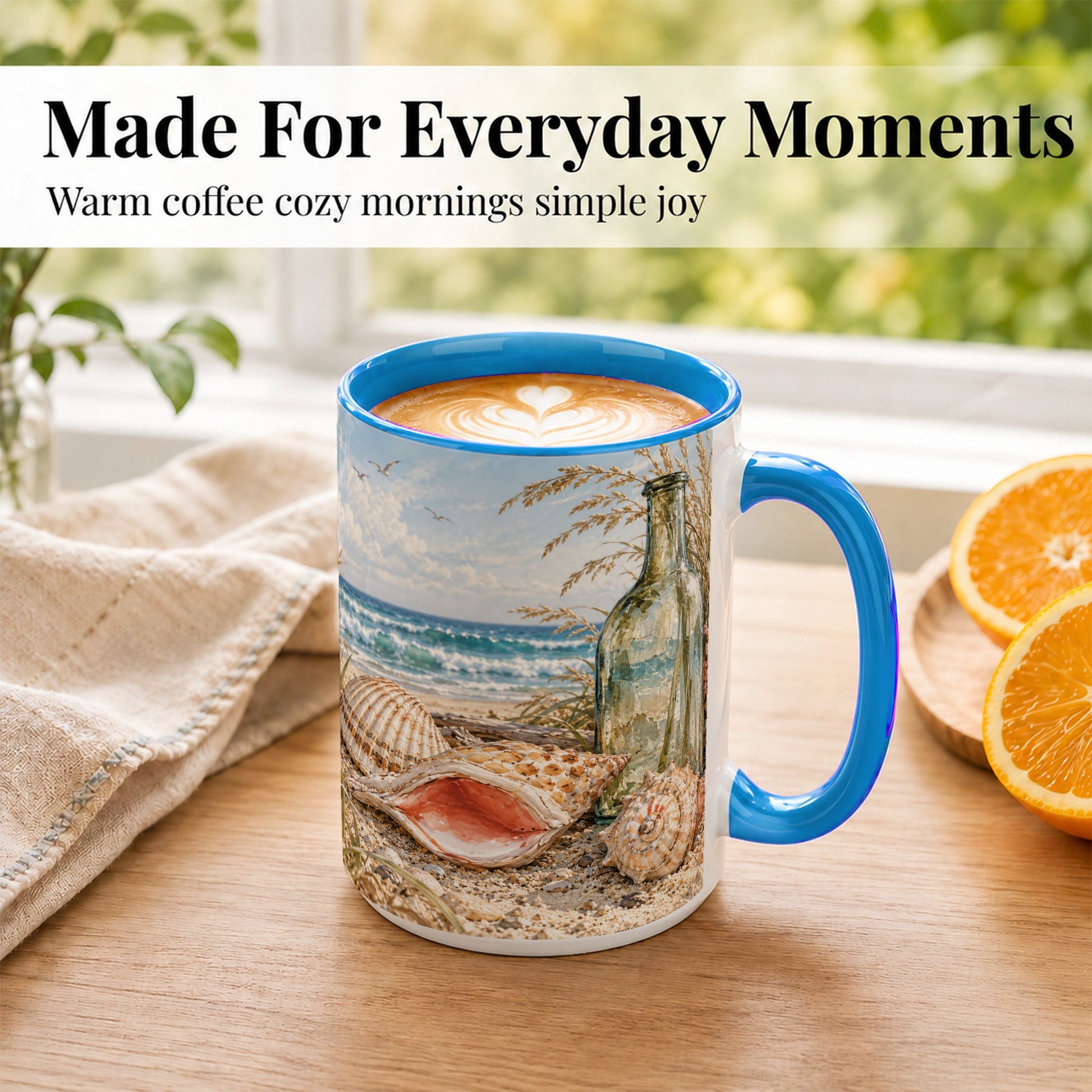 #pl[15oz|Blue] Beach Seashell Coffee Mug, Coastal Bottle Mug, Ceramic Cup, Ocean Art