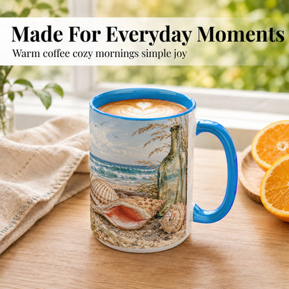 #pl[15oz|Blue] Beach Seashell Coffee Mug, Coastal Bottle Mug, Ceramic Cup, Ocean Art