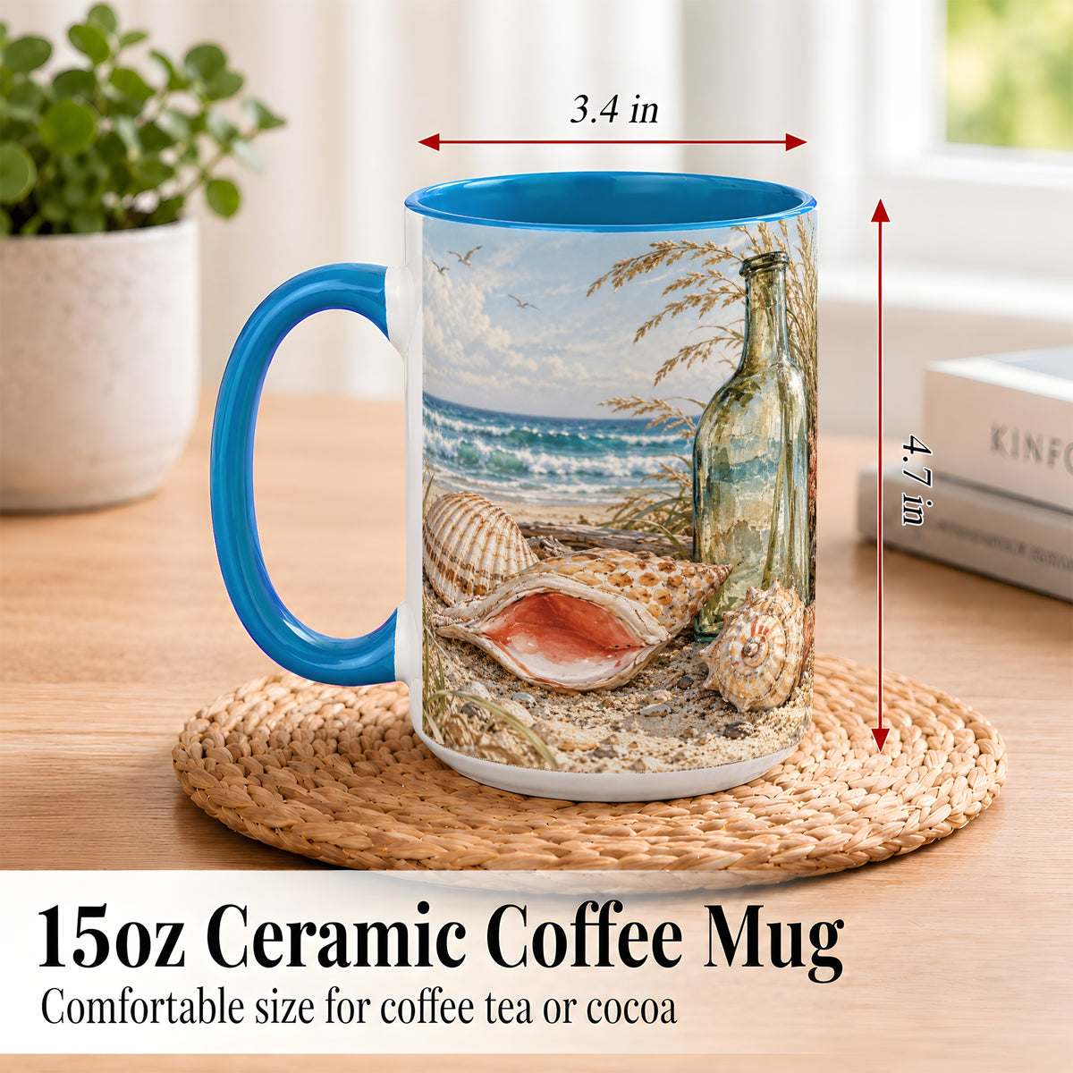 #pl[15oz|Blue] Beach Seashell Coffee Mug, Coastal Bottle Mug, Ceramic Cup, Ocean Art