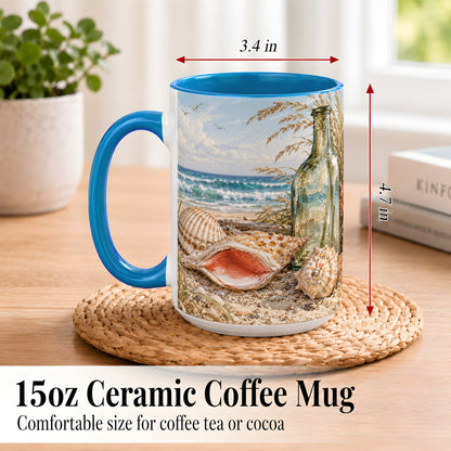 #pl[15oz|Blue] Beach Seashell Coffee Mug, Coastal Bottle Mug, Ceramic Cup, Ocean Art