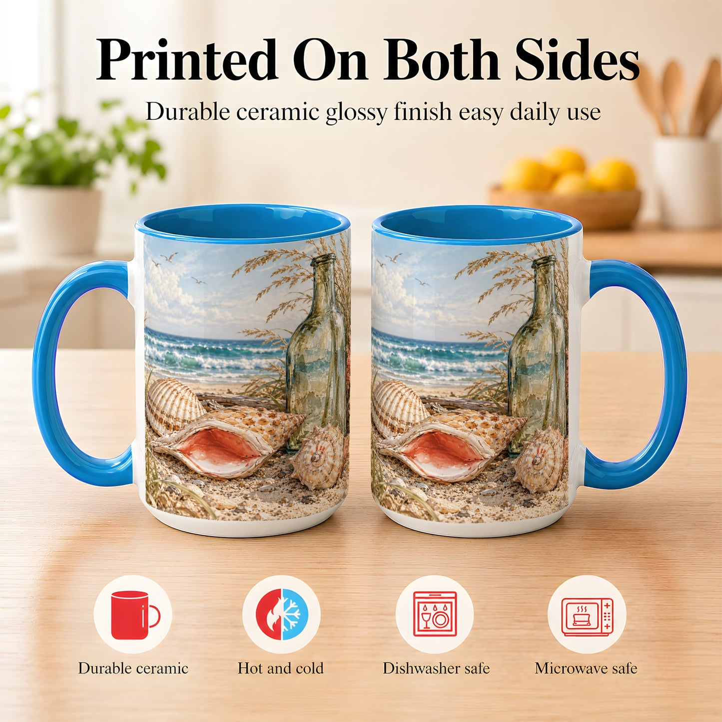 #pl[15oz|Blue] Beach Seashell Coffee Mug, Coastal Bottle Mug, Ceramic Cup, Ocean Art
