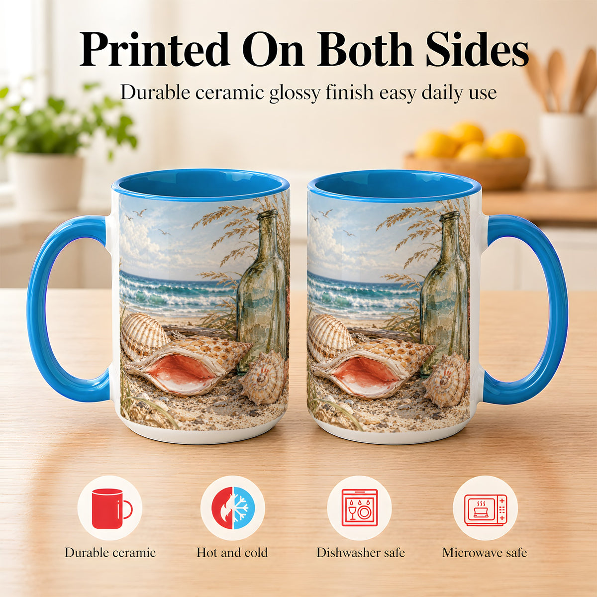 #pl[15oz|Blue] Beach Seashell Coffee Mug, Coastal Bottle Mug, Ceramic Cup, Ocean Art
