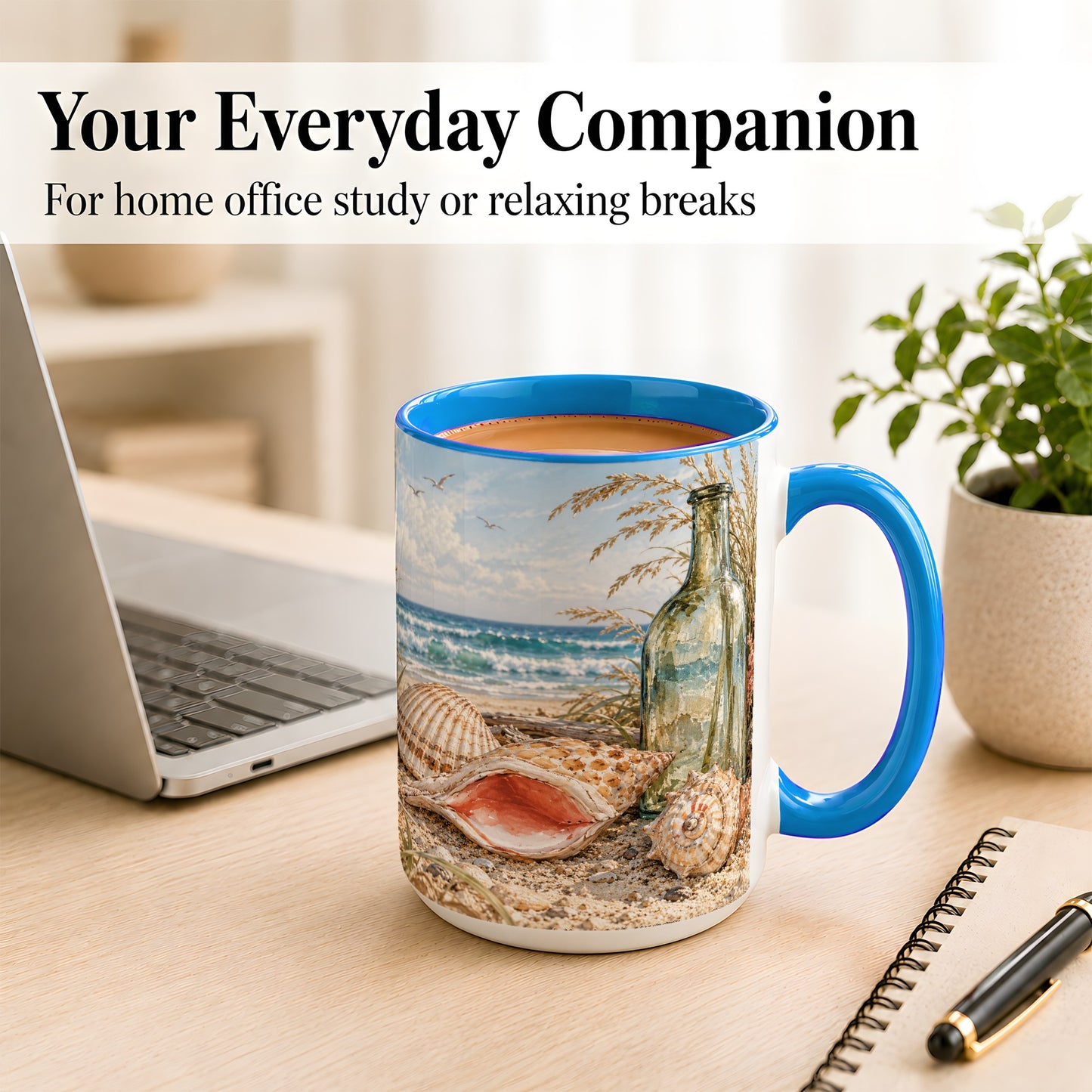 #pl[15oz|Blue] Beach Seashell Coffee Mug, Coastal Bottle Mug, Ceramic Cup, Ocean Art