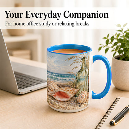 #pl[15oz|Blue] Beach Seashell Coffee Mug, Coastal Bottle Mug, Ceramic Cup, Ocean Art