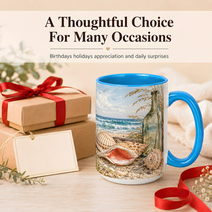 #pl[15oz|Blue] Beach Seashell Coffee Mug, Coastal Bottle Mug, Ceramic Cup, Ocean Art