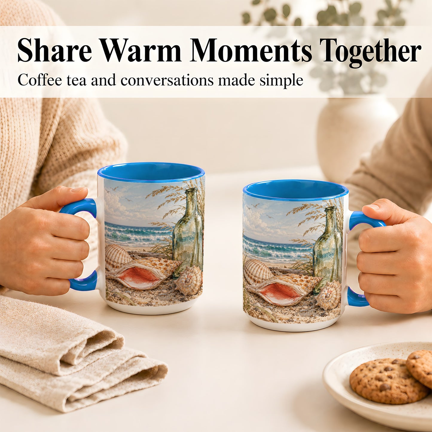 #pl[15oz|Blue] Beach Seashell Coffee Mug, Coastal Bottle Mug, Ceramic Cup, Ocean Art