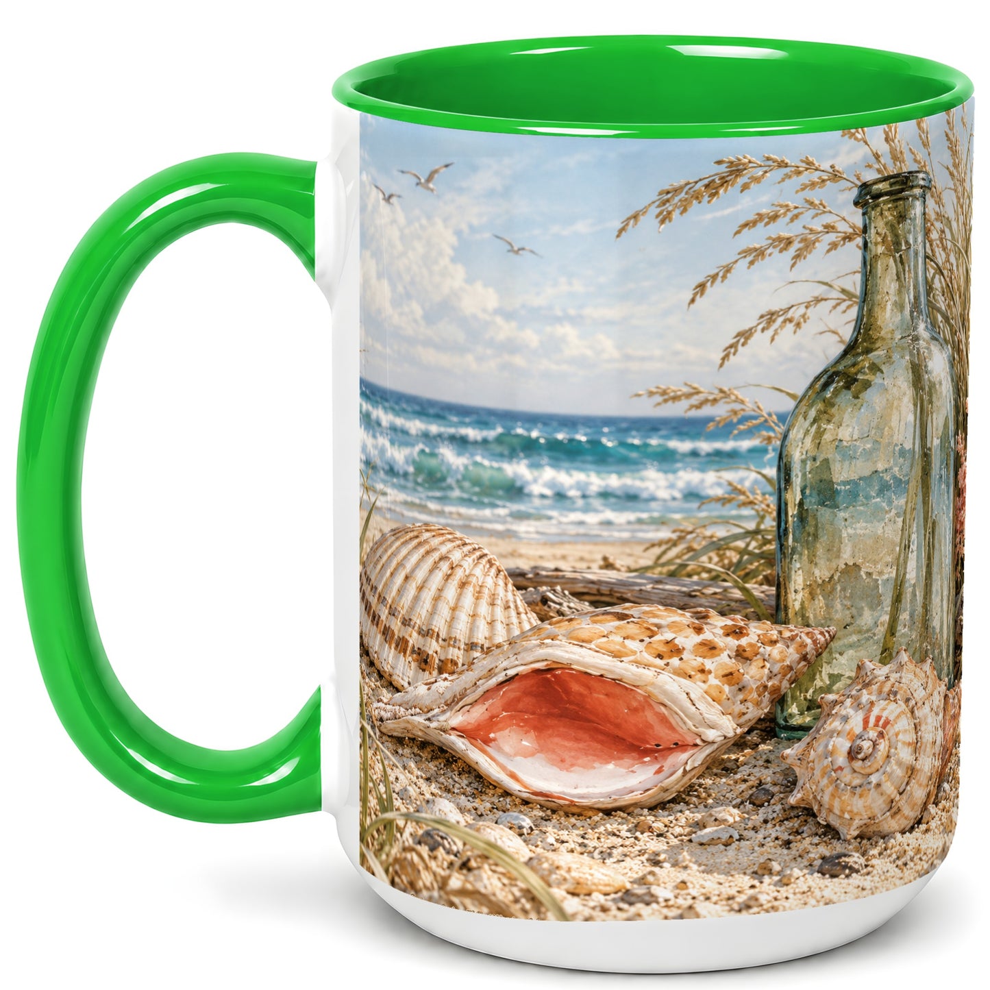 #pl[15oz|Green] Beach Seashell Coffee Mug, Coastal Bottle Mug, Ceramic Cup, Ocean Art