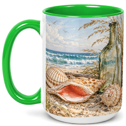 #pl[15oz|Green] Beach Seashell Coffee Mug, Coastal Bottle Mug, Ceramic Cup, Ocean Art
