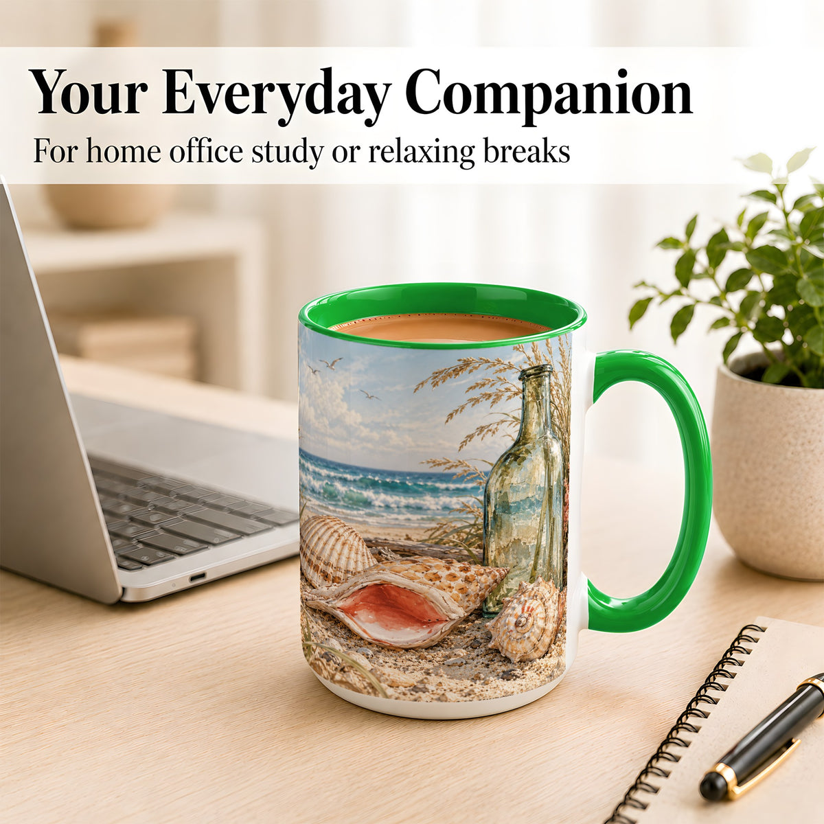 #pl[15oz|Green] Beach Seashell Coffee Mug, Coastal Bottle Mug, Ceramic Cup, Ocean Art