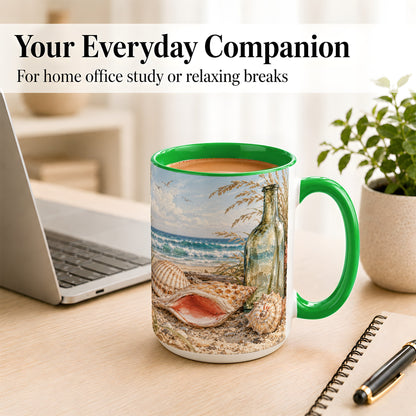 #pl[15oz|Green] Beach Seashell Coffee Mug, Coastal Bottle Mug, Ceramic Cup, Ocean Art