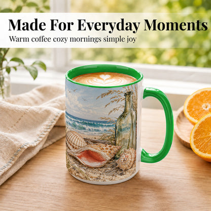 #pl[15oz|Green] Beach Seashell Coffee Mug, Coastal Bottle Mug, Ceramic Cup, Ocean Art
