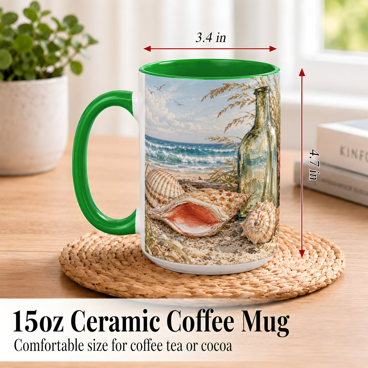 #pl[15oz|Green] Beach Seashell Coffee Mug, Coastal Bottle Mug, Ceramic Cup, Ocean Art