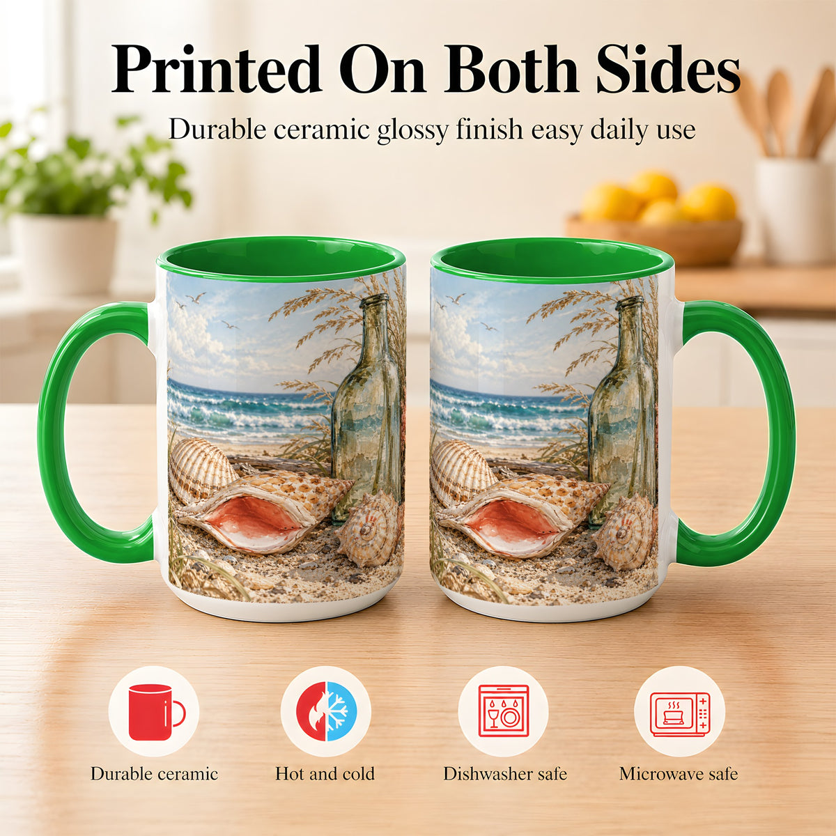 #pl[15oz|Green] Beach Seashell Coffee Mug, Coastal Bottle Mug, Ceramic Cup, Ocean Art