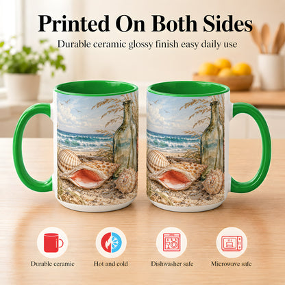 #pl[15oz|Green] Beach Seashell Coffee Mug, Coastal Bottle Mug, Ceramic Cup, Ocean Art