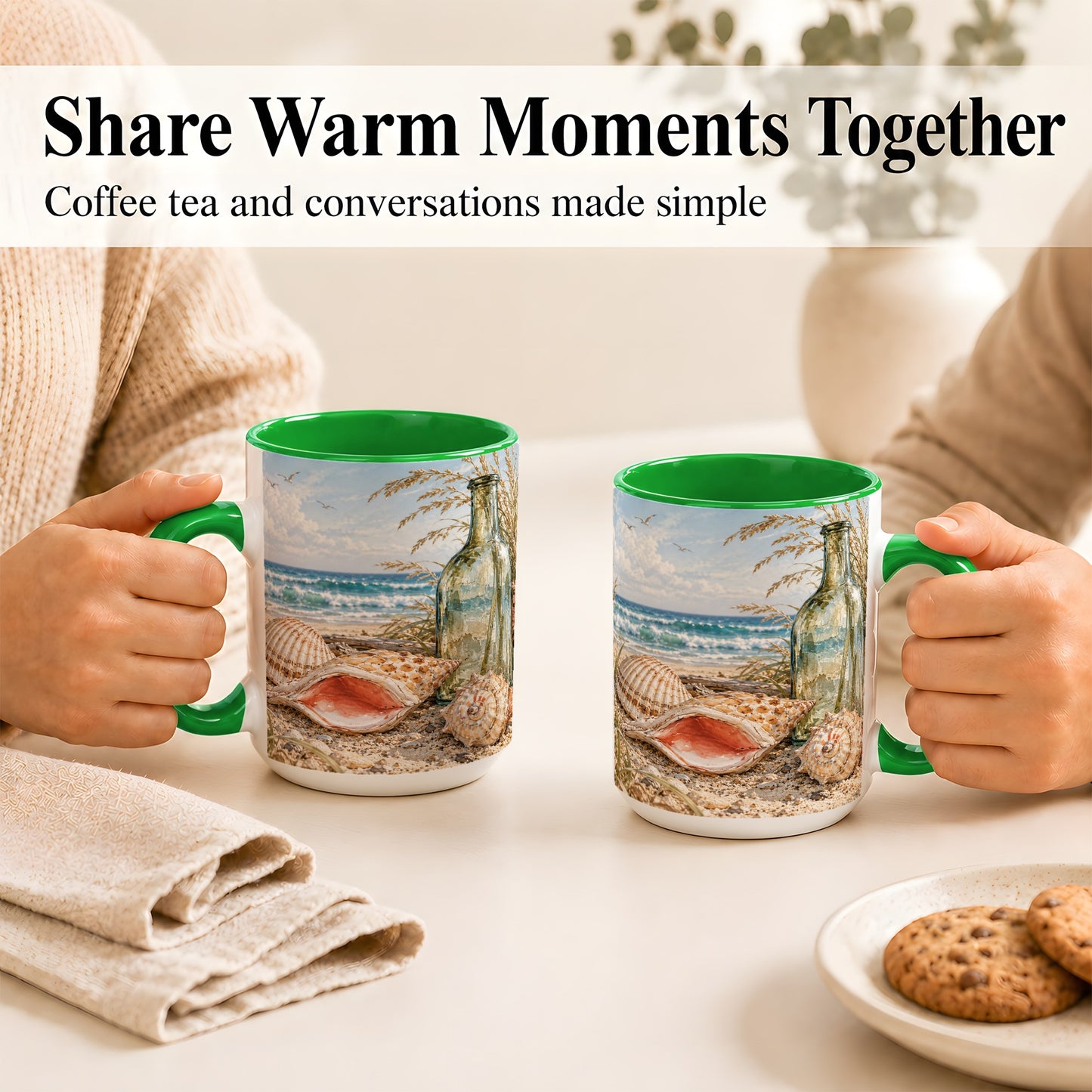 #pl[15oz|Green] Beach Seashell Coffee Mug, Coastal Bottle Mug, Ceramic Cup, Ocean Art