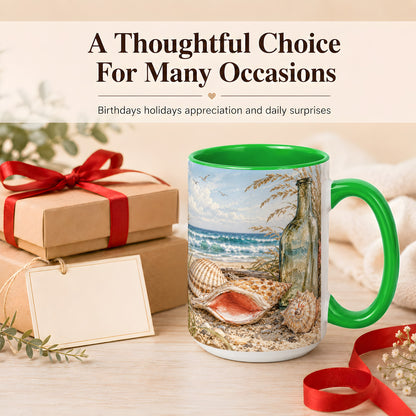#pl[15oz|Green] Beach Seashell Coffee Mug, Coastal Bottle Mug, Ceramic Cup, Ocean Art
