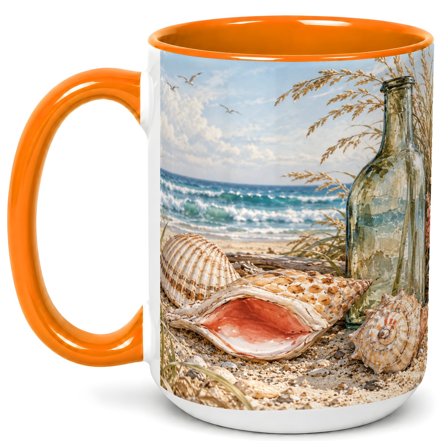 #pl[15oz|Orange] Beach Seashell Coffee Mug, Coastal Bottle Mug, Ceramic Cup, Ocean Art