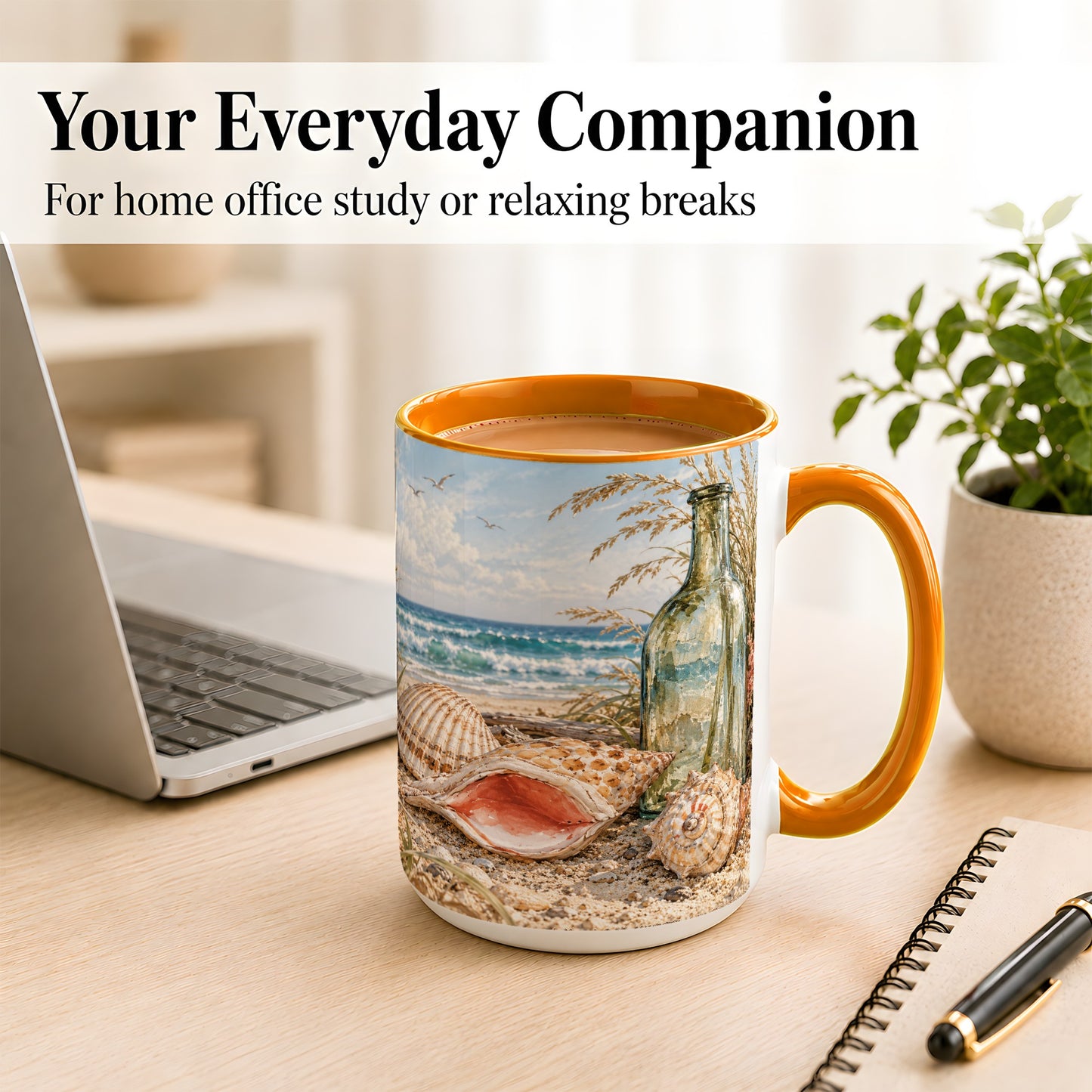 #pl[15oz|Orange] Beach Seashell Coffee Mug, Coastal Bottle Mug, Ceramic Cup, Ocean Art