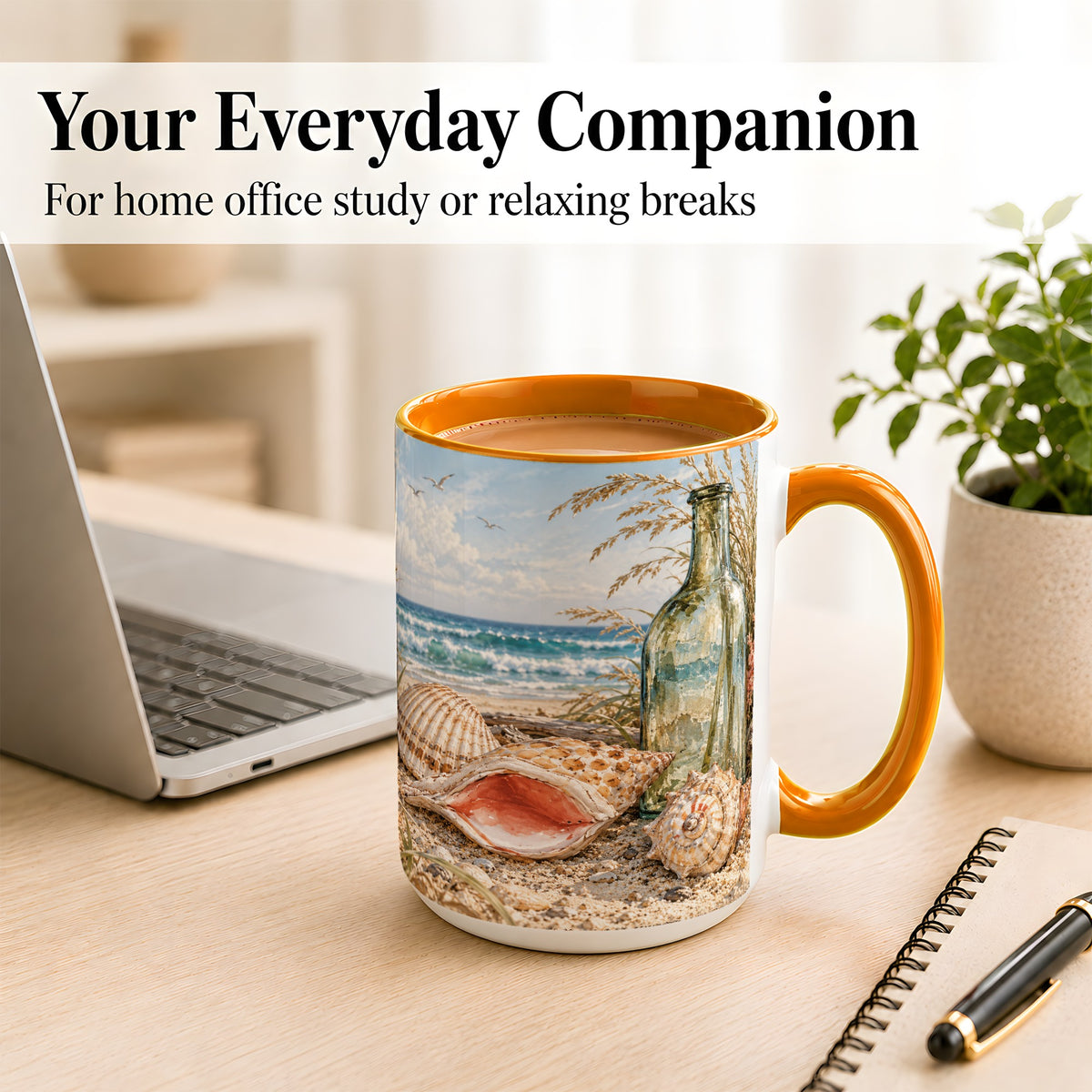 #pl[15oz|Orange] Beach Seashell Coffee Mug, Coastal Bottle Mug, Ceramic Cup, Ocean Art
