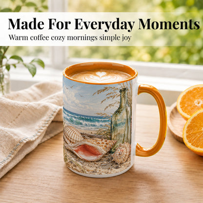 #pl[15oz|Orange] Beach Seashell Coffee Mug, Coastal Bottle Mug, Ceramic Cup, Ocean Art