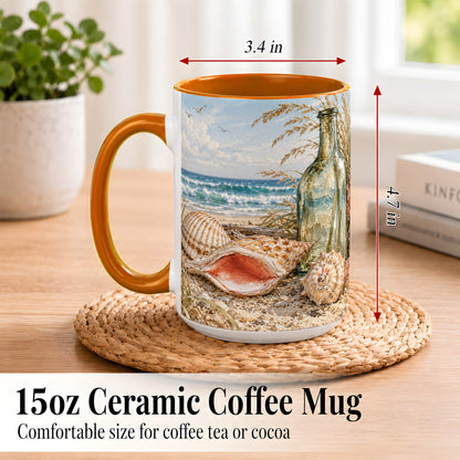 #pl[15oz|Orange] Beach Seashell Coffee Mug, Coastal Bottle Mug, Ceramic Cup, Ocean Art