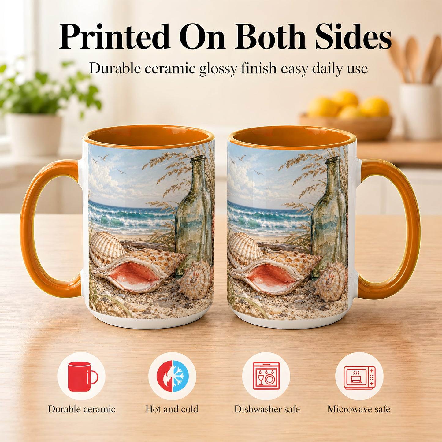 #pl[15oz|Orange] Beach Seashell Coffee Mug, Coastal Bottle Mug, Ceramic Cup, Ocean Art