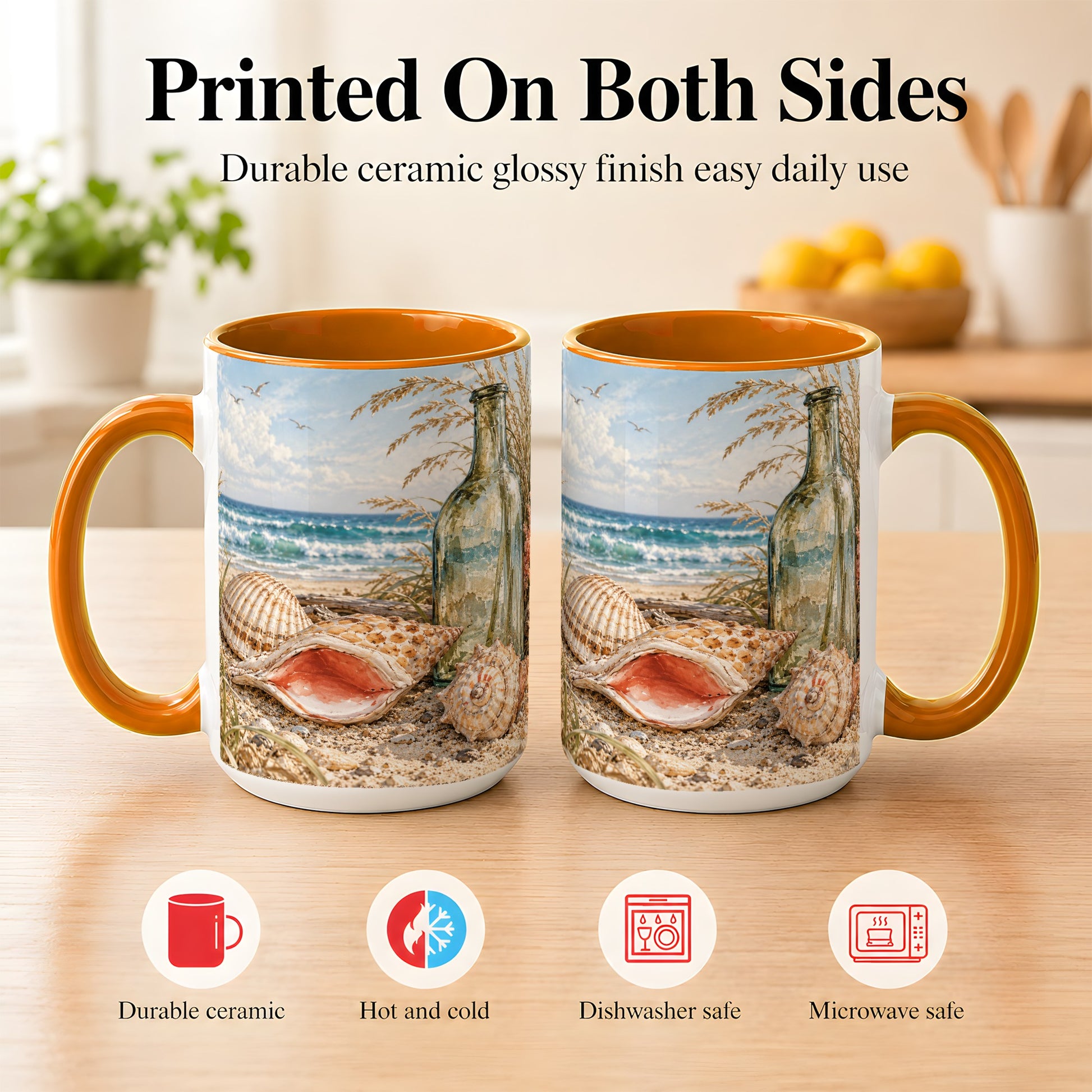 #pl[15oz|Orange] Beach Seashell Coffee Mug, Coastal Bottle Mug, Ceramic Cup, Ocean Art