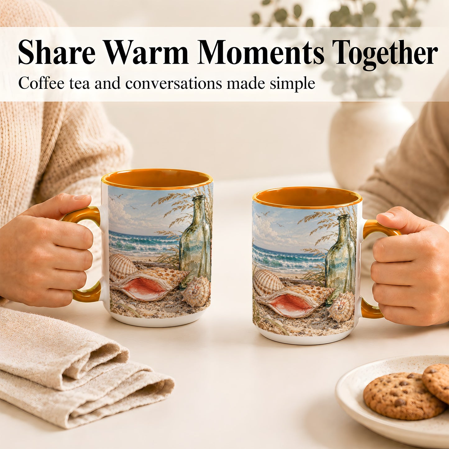 #pl[15oz|Orange] Beach Seashell Coffee Mug, Coastal Bottle Mug, Ceramic Cup, Ocean Art