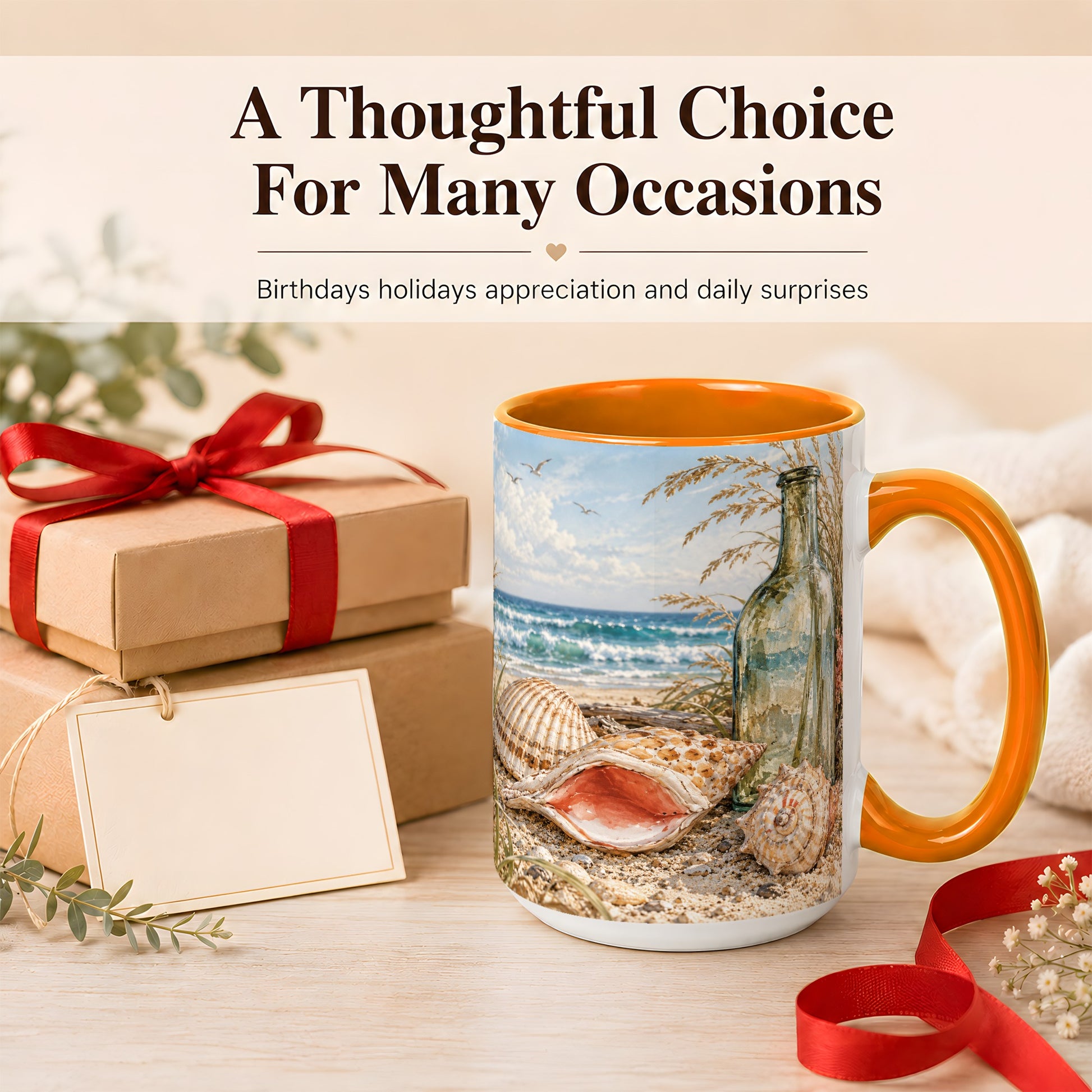 #pl[15oz|Orange] Beach Seashell Coffee Mug, Coastal Bottle Mug, Ceramic Cup, Ocean Art