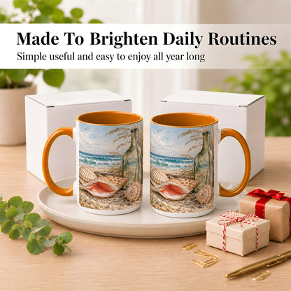 #pl[15oz|Orange] Beach Seashell Coffee Mug, Coastal Bottle Mug, Ceramic Cup, Ocean Art