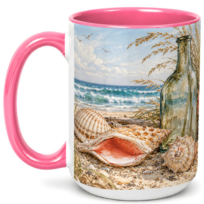#pl[15oz|Pink] Beach Seashell Coffee Mug, Coastal Bottle Mug, Ceramic Cup, Ocean Art