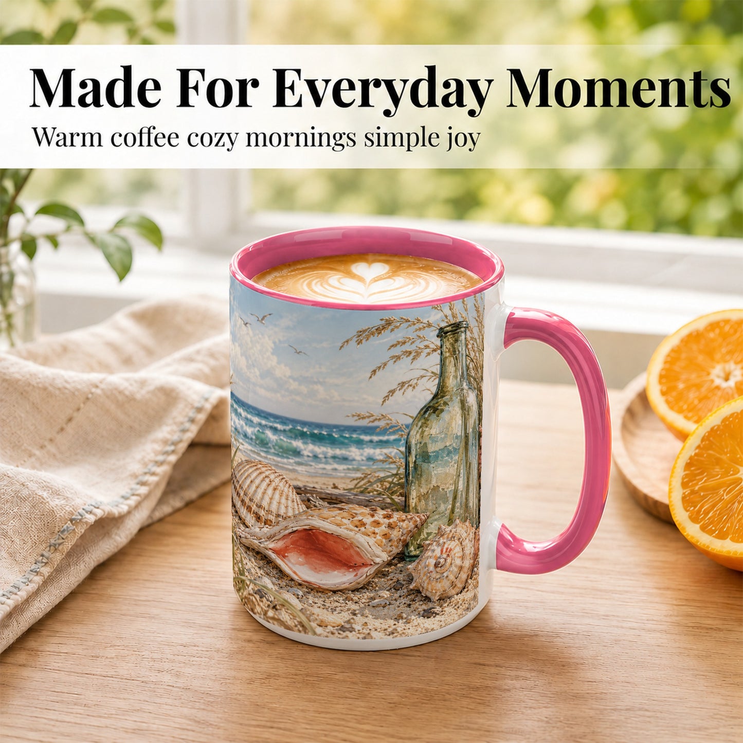 #pl[15oz|Pink] Beach Seashell Coffee Mug, Coastal Bottle Mug, Ceramic Cup, Ocean Art