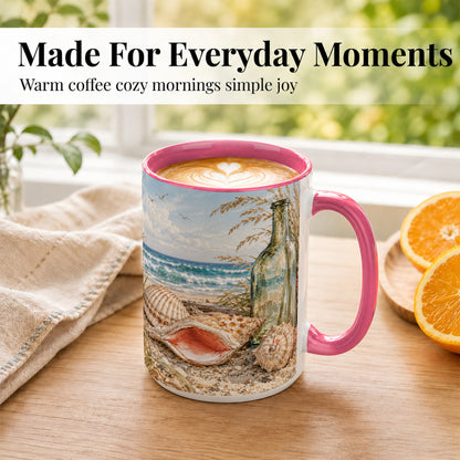 #pl[15oz|Pink] Beach Seashell Coffee Mug, Coastal Bottle Mug, Ceramic Cup, Ocean Art