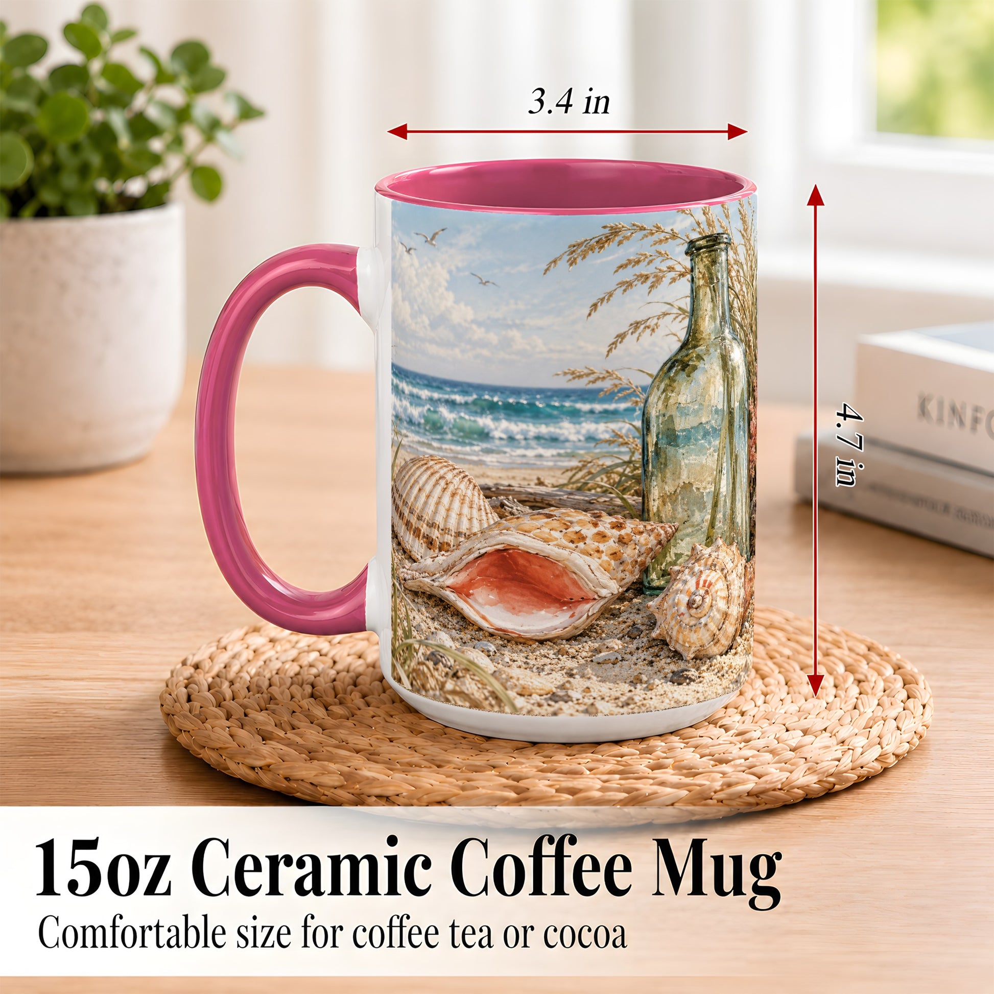 #pl[15oz|Pink] Beach Seashell Coffee Mug, Coastal Bottle Mug, Ceramic Cup, Ocean Art