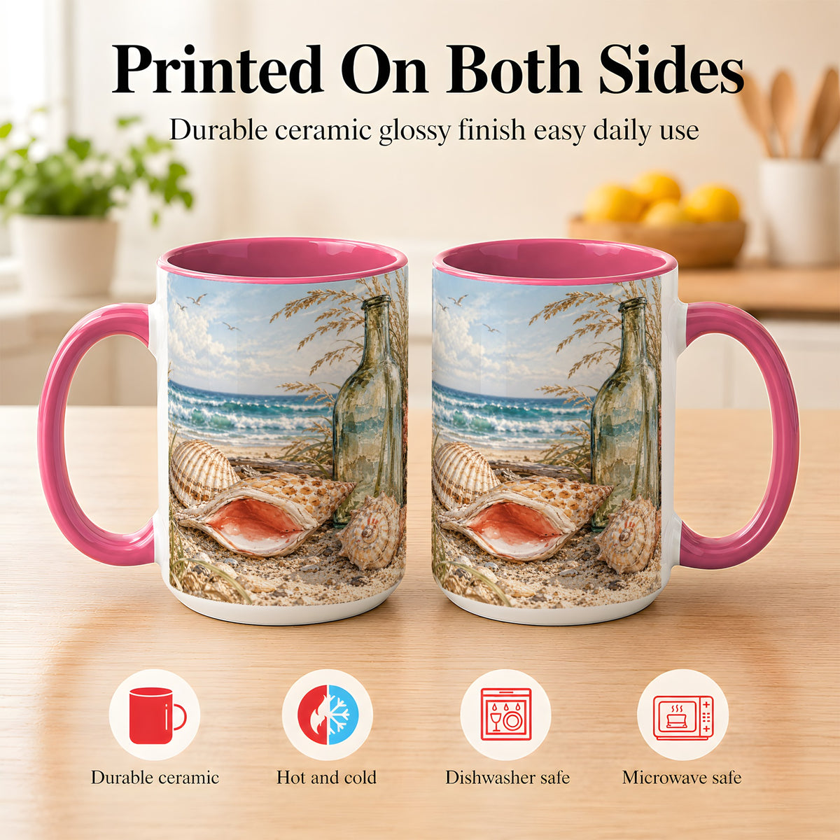 #pl[15oz|Pink] Beach Seashell Coffee Mug, Coastal Bottle Mug, Ceramic Cup, Ocean Art