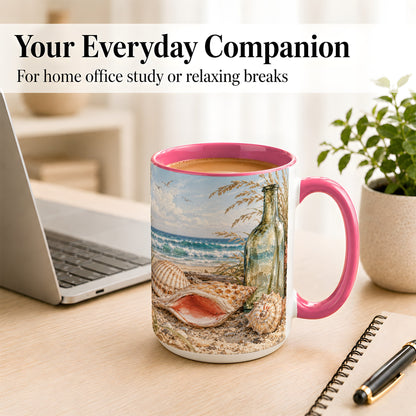 #pl[15oz|Pink] Beach Seashell Coffee Mug, Coastal Bottle Mug, Ceramic Cup, Ocean Art