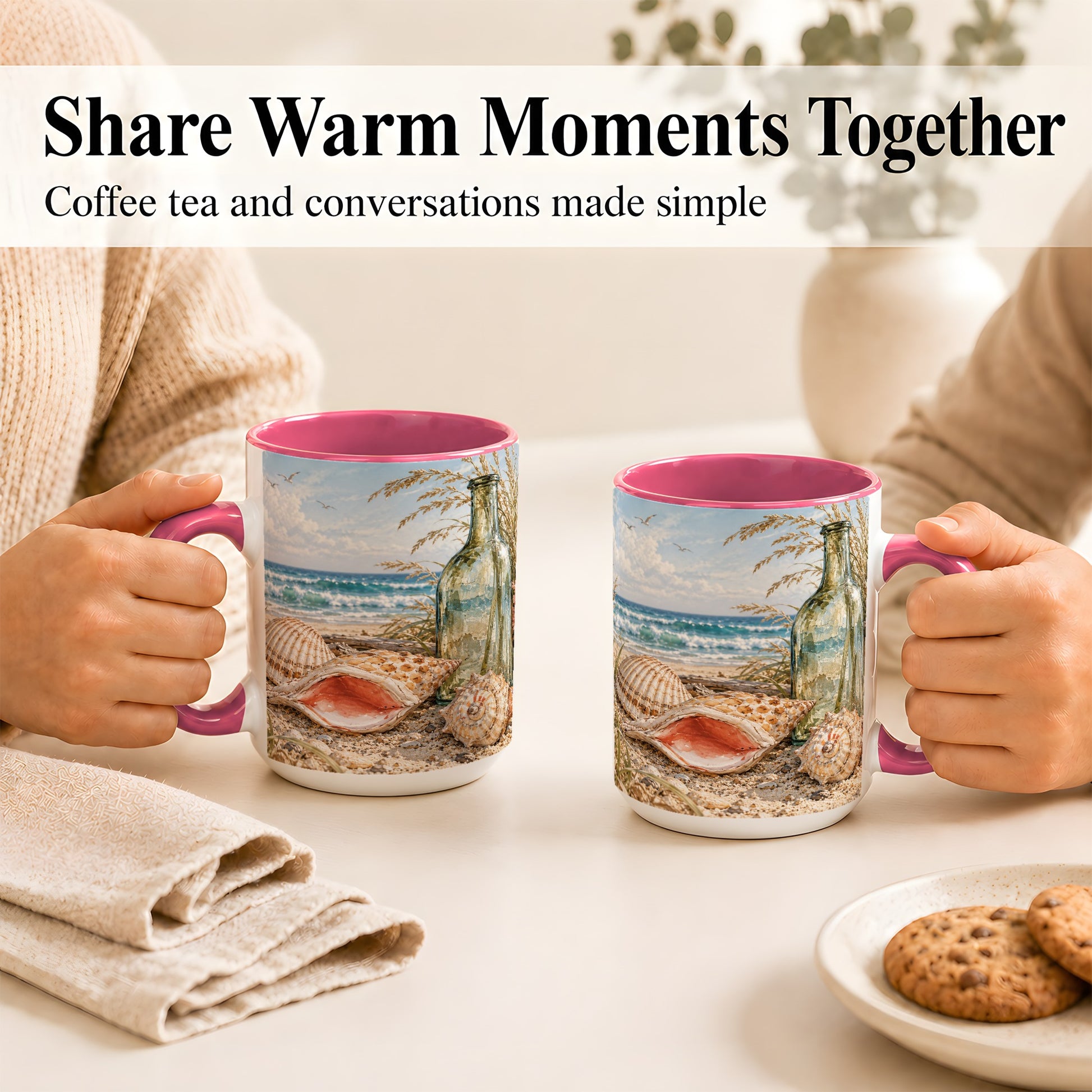 #pl[15oz|Pink] Beach Seashell Coffee Mug, Coastal Bottle Mug, Ceramic Cup, Ocean Art