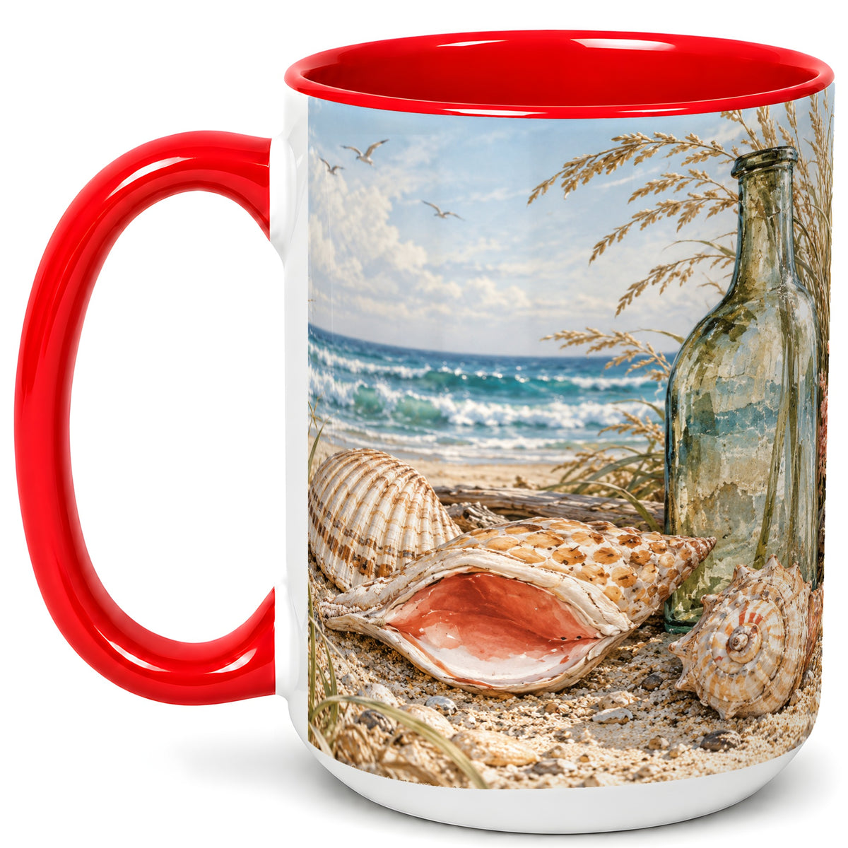 #pl[15oz|Red] Beach Seashell Coffee Mug, Coastal Bottle Mug, Ceramic Cup, Ocean Art