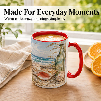 #pl[15oz|Red] Beach Seashell Coffee Mug, Coastal Bottle Mug, Ceramic Cup, Ocean Art