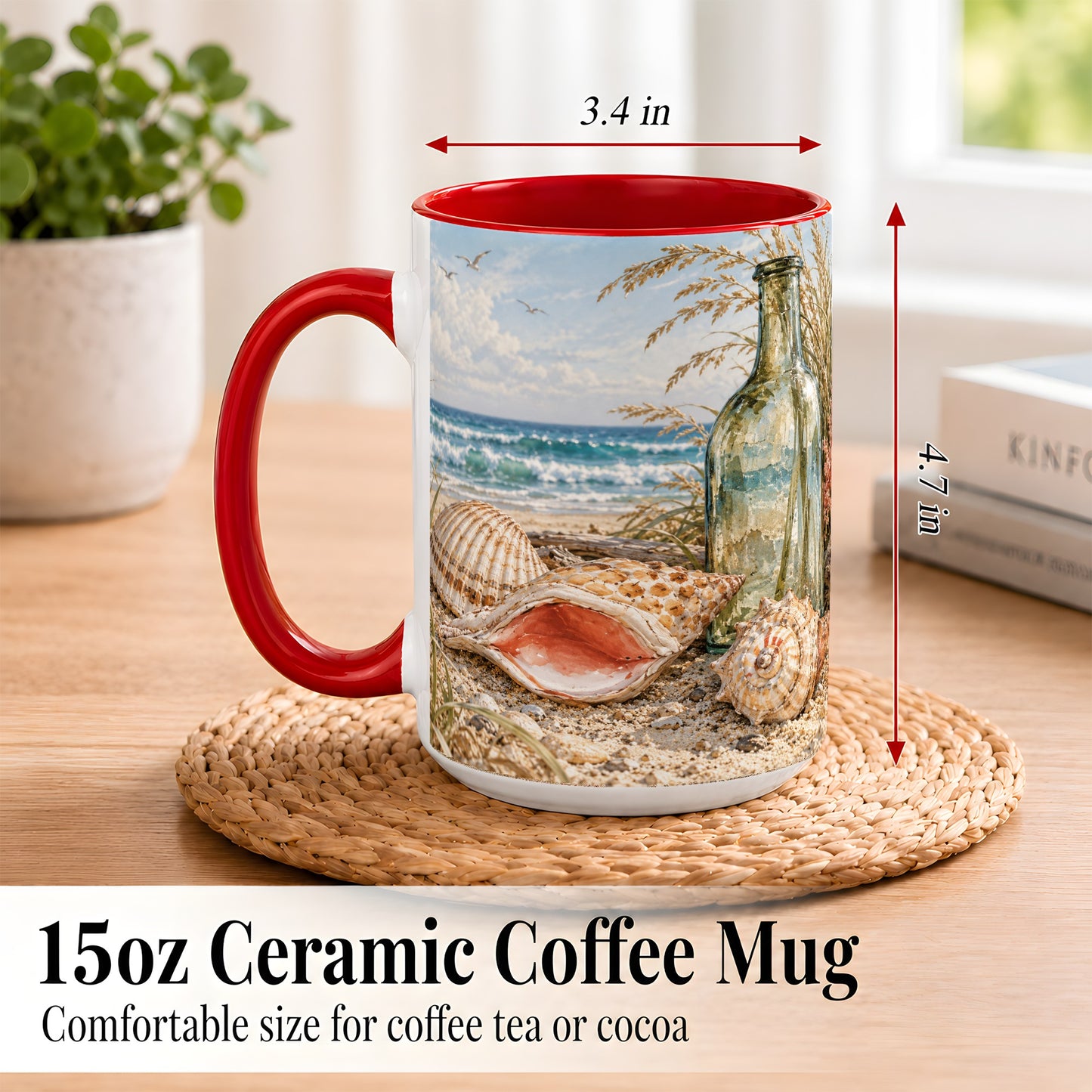 #pl[15oz|Red] Beach Seashell Coffee Mug, Coastal Bottle Mug, Ceramic Cup, Ocean Art