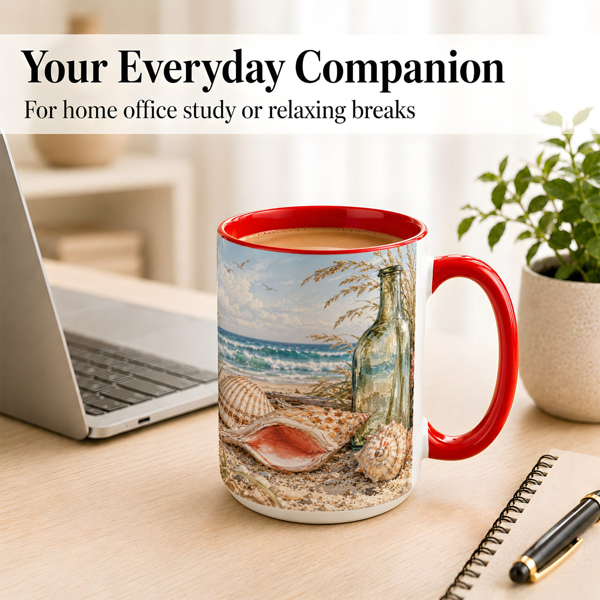#pl[15oz|Red] Beach Seashell Coffee Mug, Coastal Bottle Mug, Ceramic Cup, Ocean Art