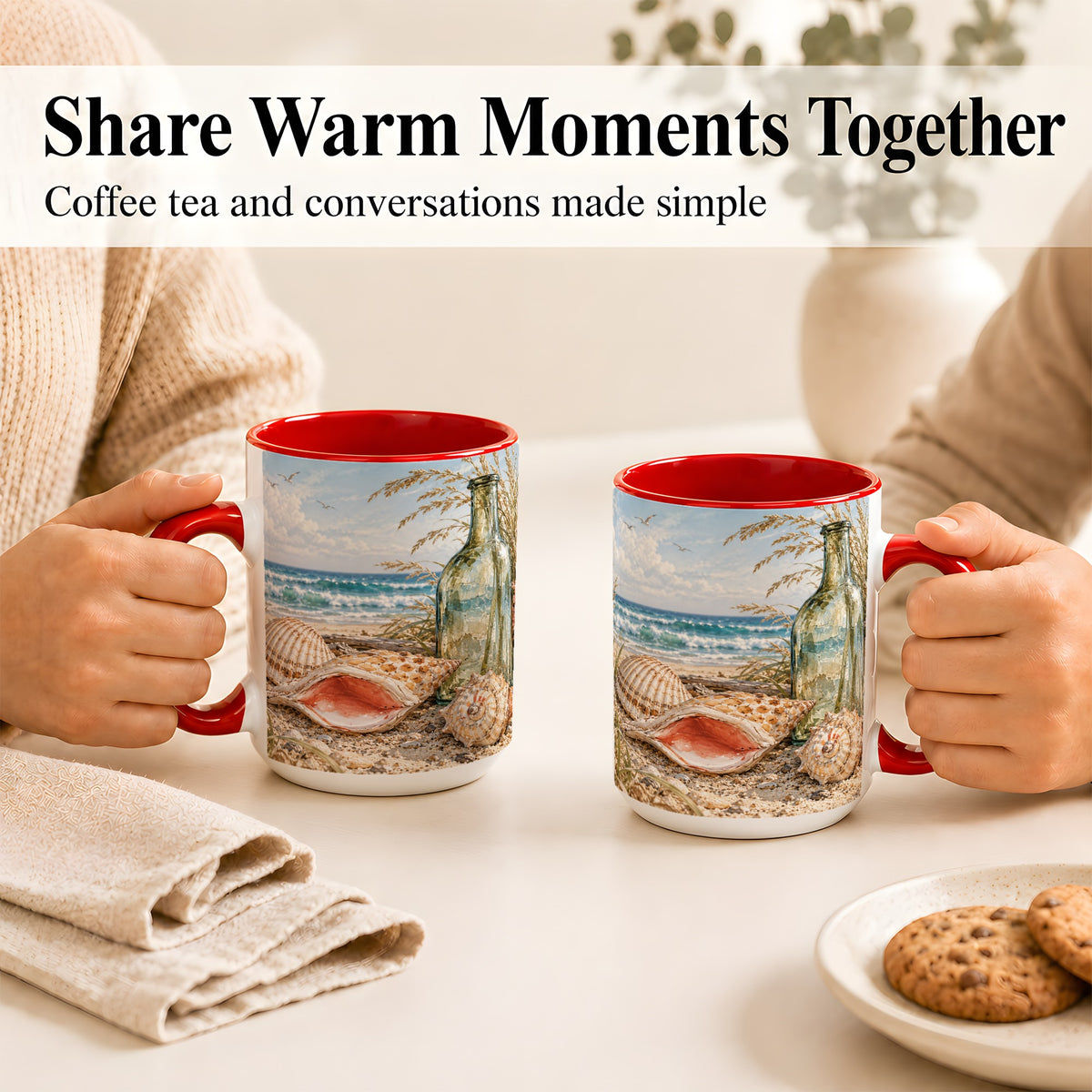 #pl[15oz|Red] Beach Seashell Coffee Mug, Coastal Bottle Mug, Ceramic Cup, Ocean Art