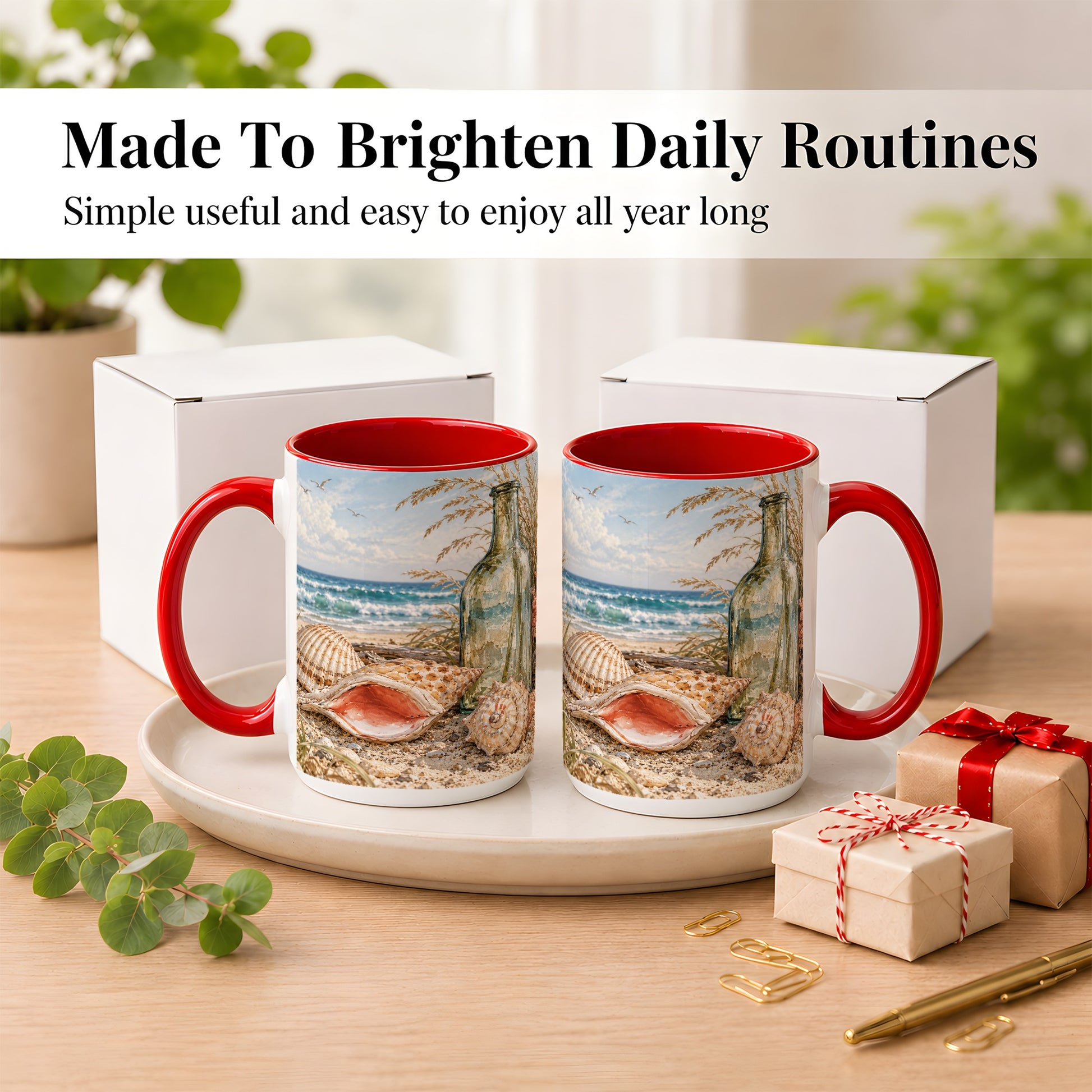 #pl[15oz|Red] Beach Seashell Coffee Mug, Coastal Bottle Mug, Ceramic Cup, Ocean Art