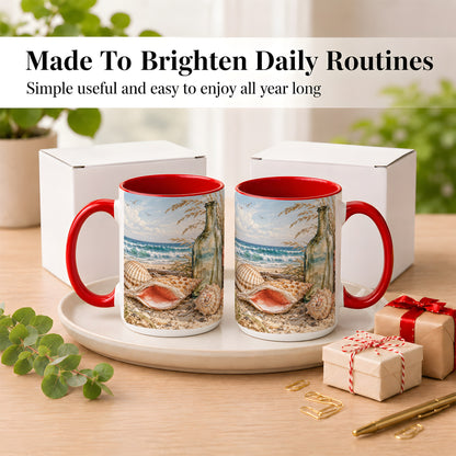 #pl[15oz|Red] Beach Seashell Coffee Mug, Coastal Bottle Mug, Ceramic Cup, Ocean Art