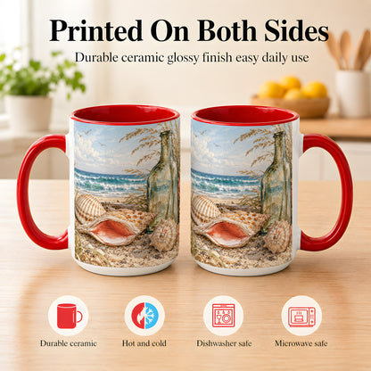 #pl[15oz|Red] Beach Seashell Coffee Mug, Coastal Bottle Mug, Ceramic Cup, Ocean Art