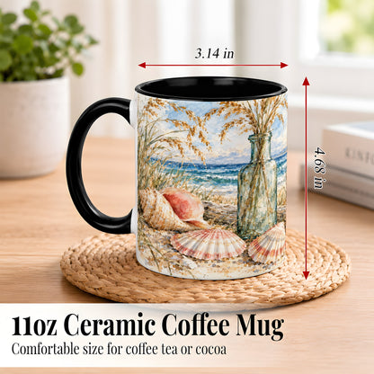 #pl[11oz|Black] Watercolor Seashell Coffee Mug, Coastal Beach Mug, Ceramic Cup, Ocean Art