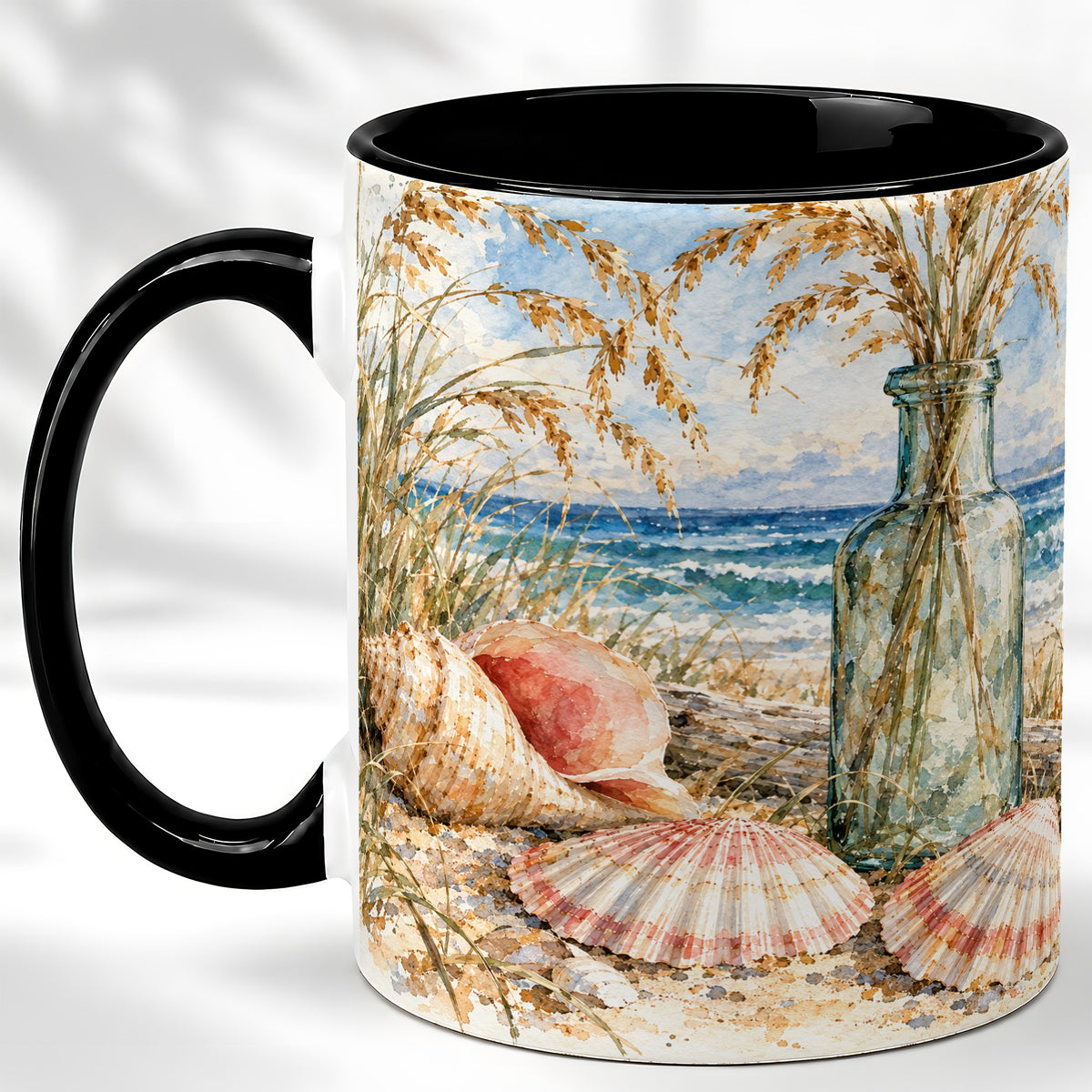 #pl[11oz|Black] Watercolor Seashell Coffee Mug, Coastal Beach Mug, Ceramic Cup, Ocean Art
